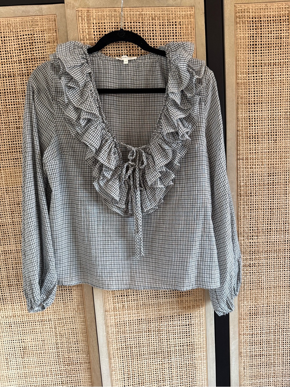 bohme Black & White Gingham Ruffle Tie-Neck Blouse